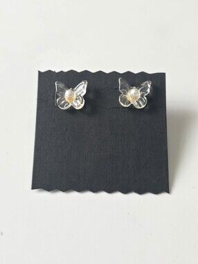 Butterfly Pearl Stud Earrings - Clear and Gold